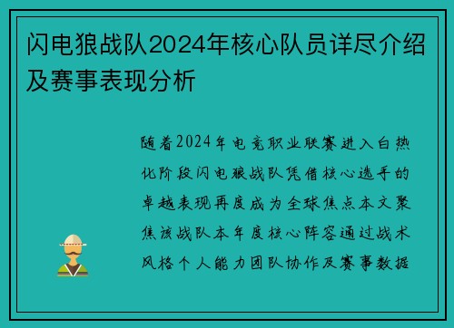闪电狼战队2024年核心队员详尽介绍及赛事表现分析