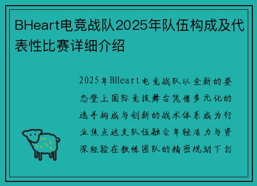 BHeart电竞战队2025年队伍构成及代表性比赛详细介绍